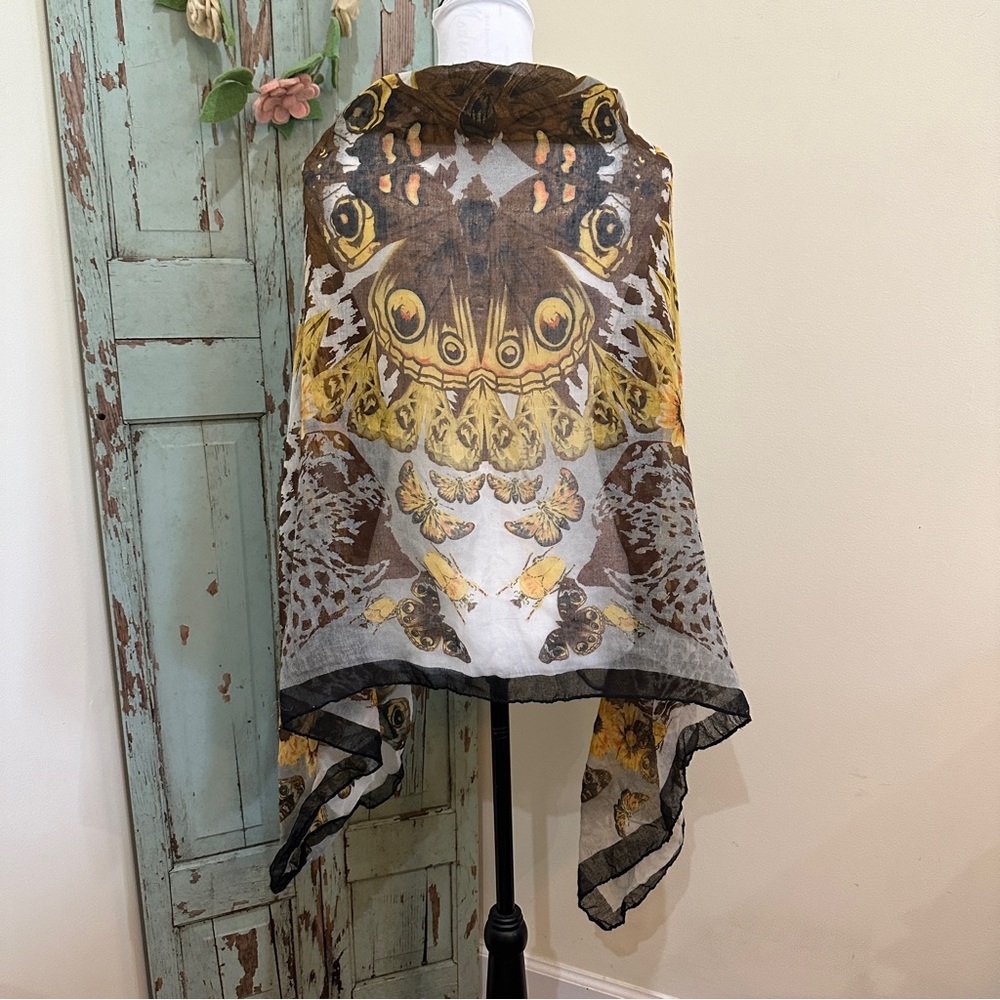 Mariposa Butterfly Mixed Print Viscose Scarf Semi Sheer Sunflower Animal Print‎